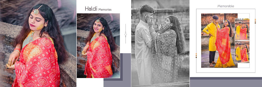 Haldi ceremony album design with decorative photo frames