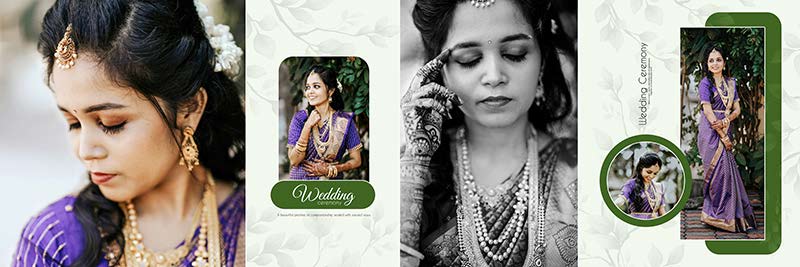 Wedding bridal album design with creative photo arrangements