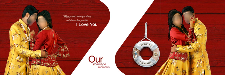 Indian wedding DM album design PSD with bride and groom portraits in a classic blue layout