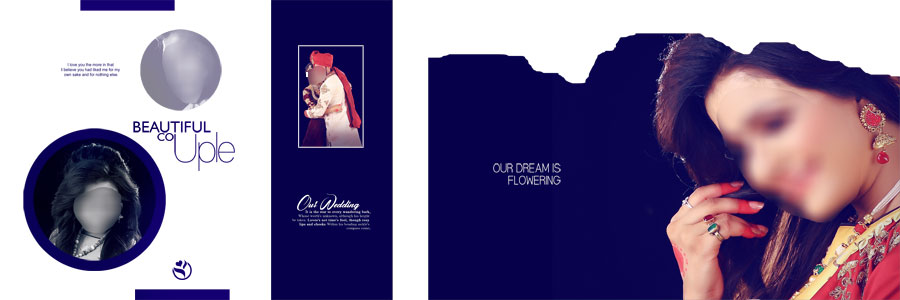 Dark wedding album PSD template with groom and bride portraits in an elegant layout