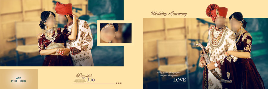 Warm orange and brown wedding album PSD layout with multiple bride and groom photos