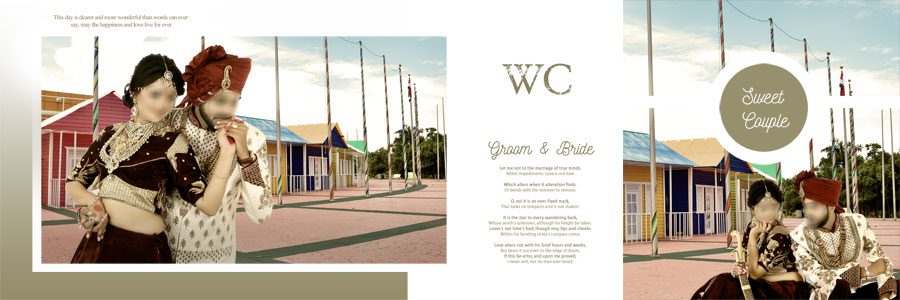 Monochrome Indian wedding album design with a couple portrait and dark blue accents