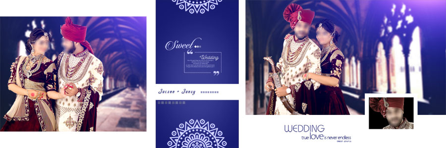 Navy blue wedding DM album PSD design with colorful Indian wedding portraits and photo frames