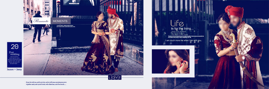 Classic blue Indian wedding album layout featuring bride and groom photography