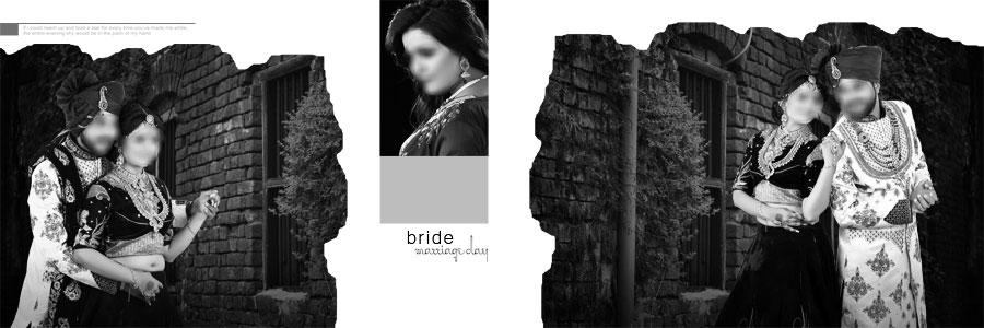 Dark brick background wedding DM album design with romantic couple portraits and monochrome effects