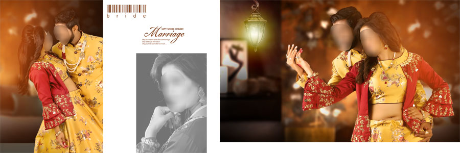 Black and white Indian wedding DM album design featuring romantic bride and groom photography