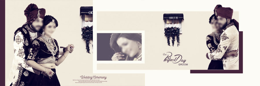 White and purple Indian wedding album PSD layout with bride and groom portraits