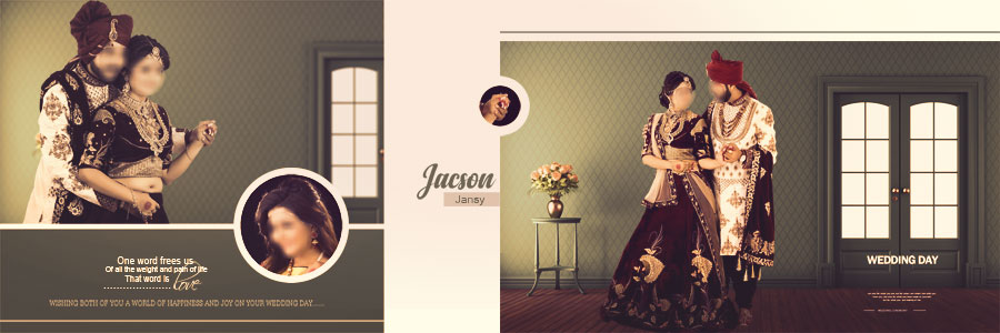 Dark blue wedding DM album design featuring a large bridal portrait and elegant photo placement