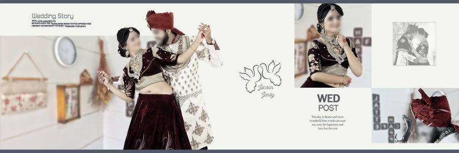 Beige and golden Indian wedding album design with bride and groom portraits and classic styling