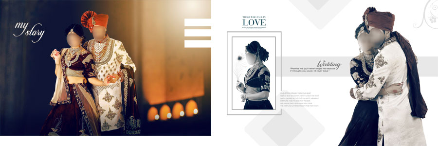 Blue and purple Indian wedding DM album design with traditional bride and groom portraits
