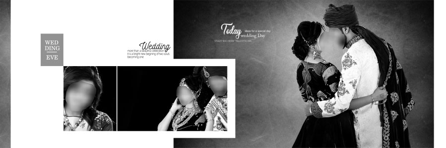 Dark blue Indian wedding album design with colorful bride and groom portraits
