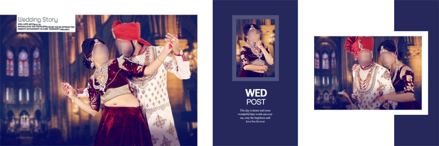 Warm beige wedding album design with bride and groom portraits and decorative details