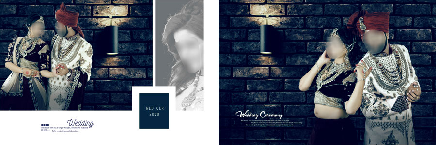 White Indian wedding DM album layout with bride and groom photos and minimal decorations