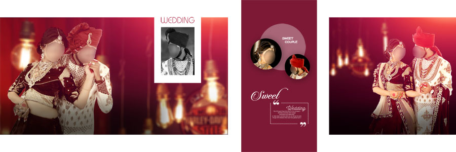 Black and white wedding album PSD layout with a bridal portrait and framed wedding photos