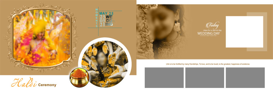 Haldi wedding photo album layout with warm colour themes
