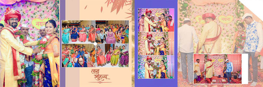 Traditional Marathi wedding album spread layout, 12x36 PSD preview